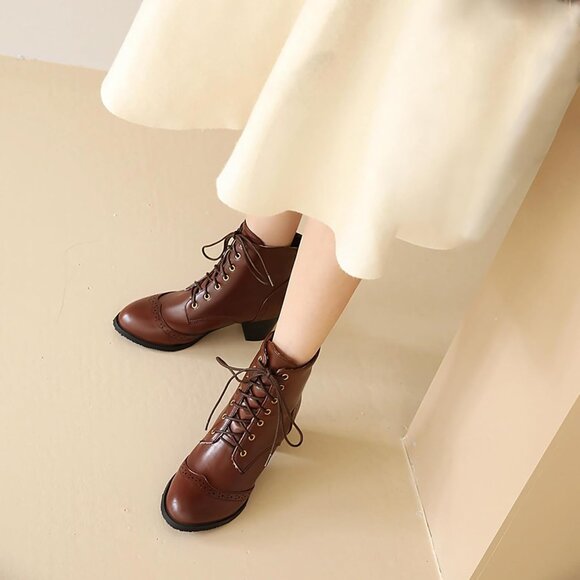 Womens Wingtip Ankle Boots Chunky Heel Lace Up Round Toe Winter Shoes - Picture 4 of 7